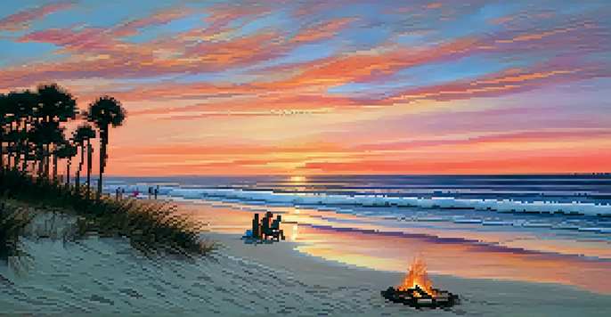 A picturesque sunset at the Outer Banks beach with families gathered around a bonfire, casting shadows against the colorful sky.
