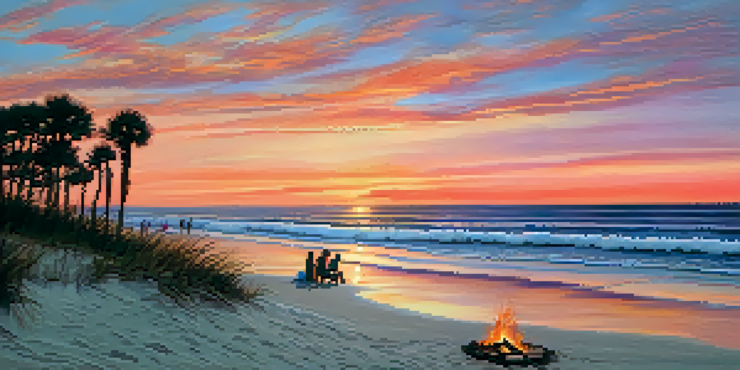 A picturesque sunset at the Outer Banks beach with families gathered around a bonfire, casting shadows against the colorful sky.