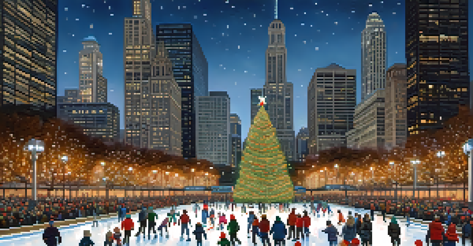 A holiday scene in Chicago with a Christmas tree and families ice skating at Millennium Park, illuminated by festive lights.