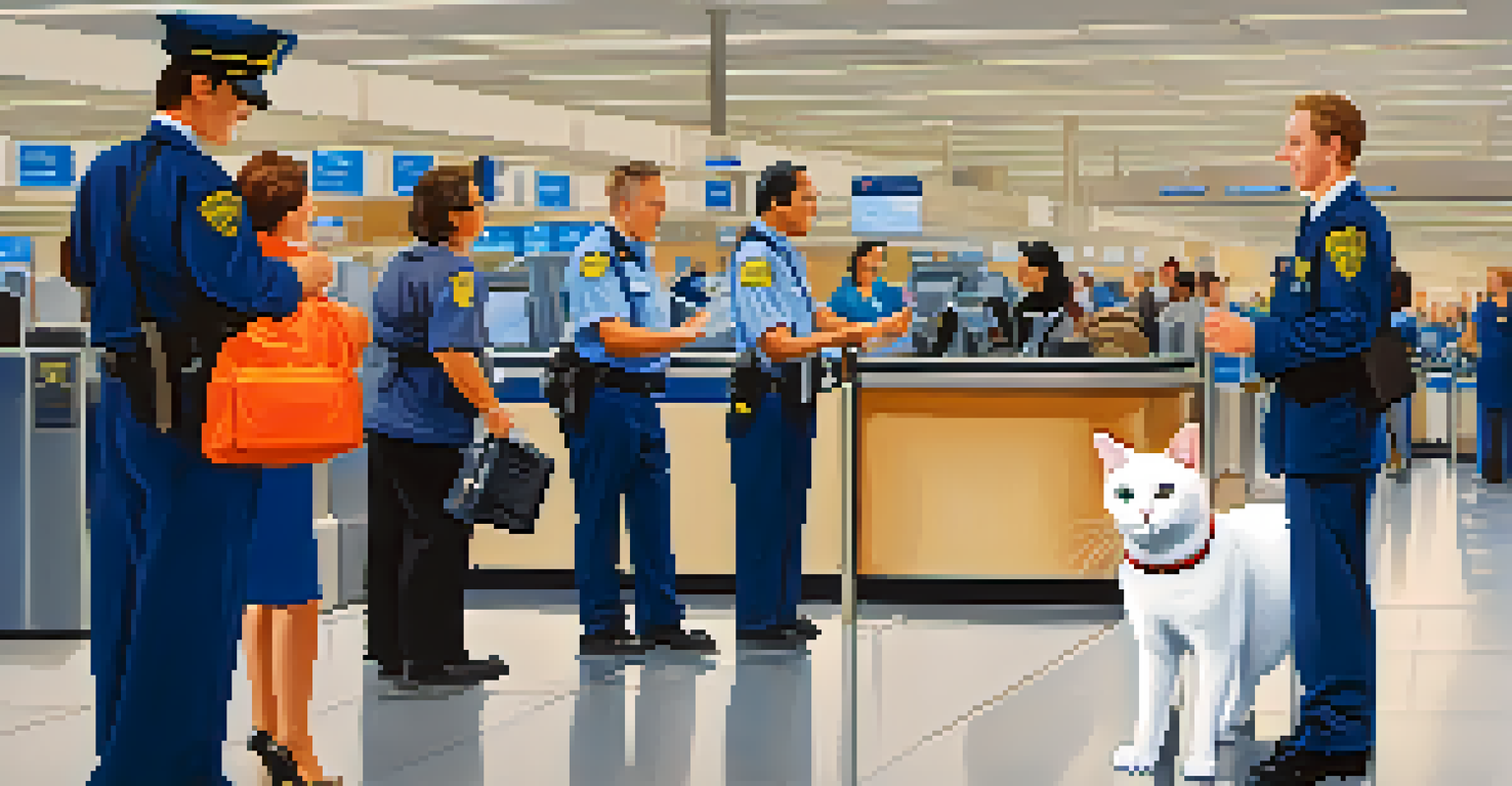 A pet owner holding a leash attached to a cat at an airport security checkpoint, with security staff in the background.
