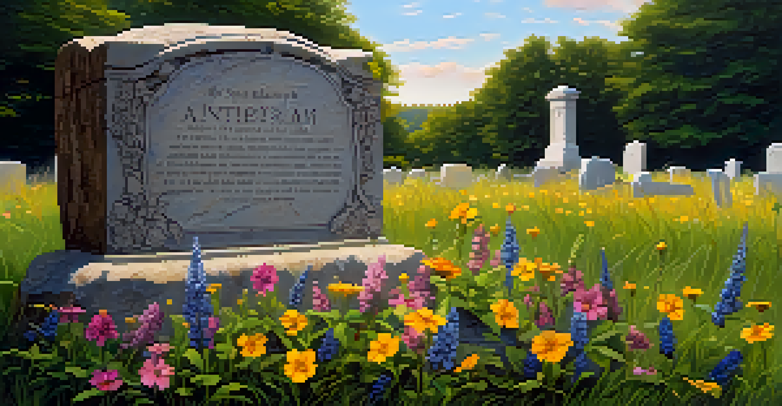A close-up of an old gravestone surrounded by grass and flowers at Antietam National Cemetery during sunset.