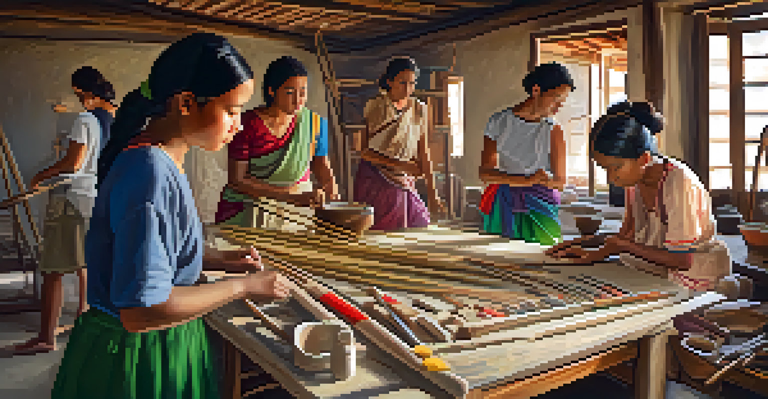 Tourists participating in a traditional craft-making workshop with local artisans in a brightly lit space.