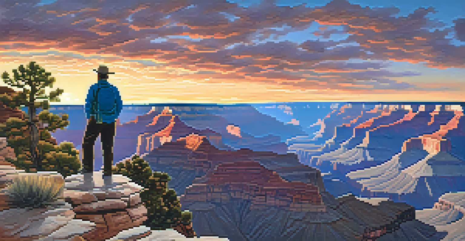 A sunrise view of the Grand Canyon with colorful rocks and a silhouette of a hiker.