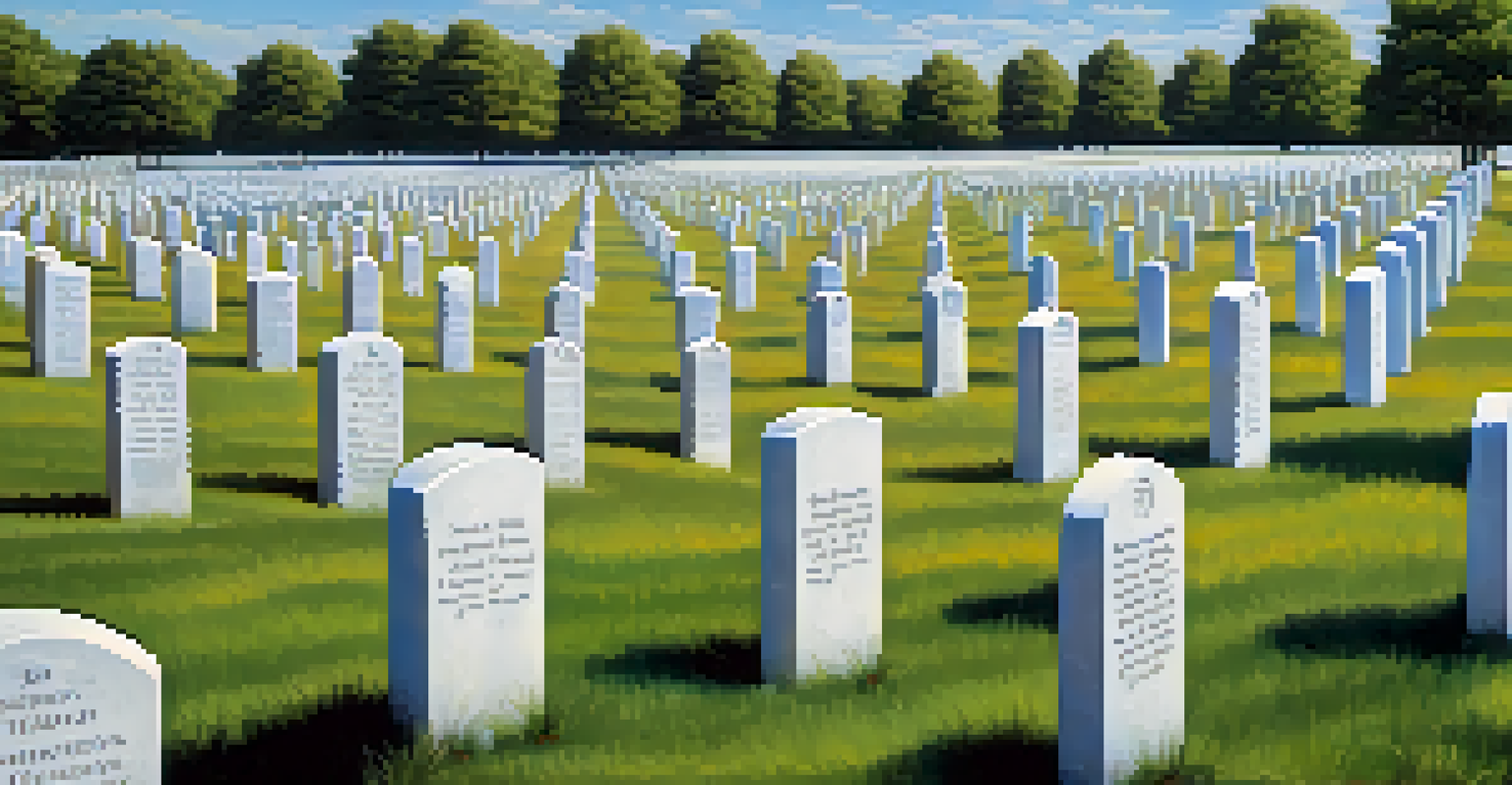 A peaceful view of the Gettysburg National Cemetery, with rows of white gravestones and lush grass.