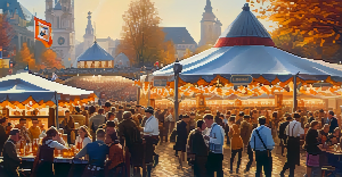 A lively Oktoberfest celebration in Munich with people wearing traditional Bavarian clothing, enjoying beer and food in decorated tents under a bright autumn sky.