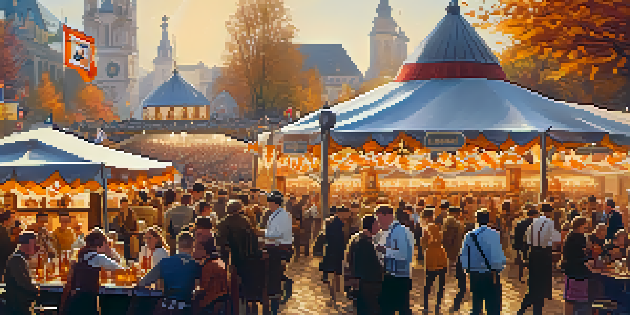A lively Oktoberfest celebration in Munich with people wearing traditional Bavarian clothing, enjoying beer and food in decorated tents under a bright autumn sky.