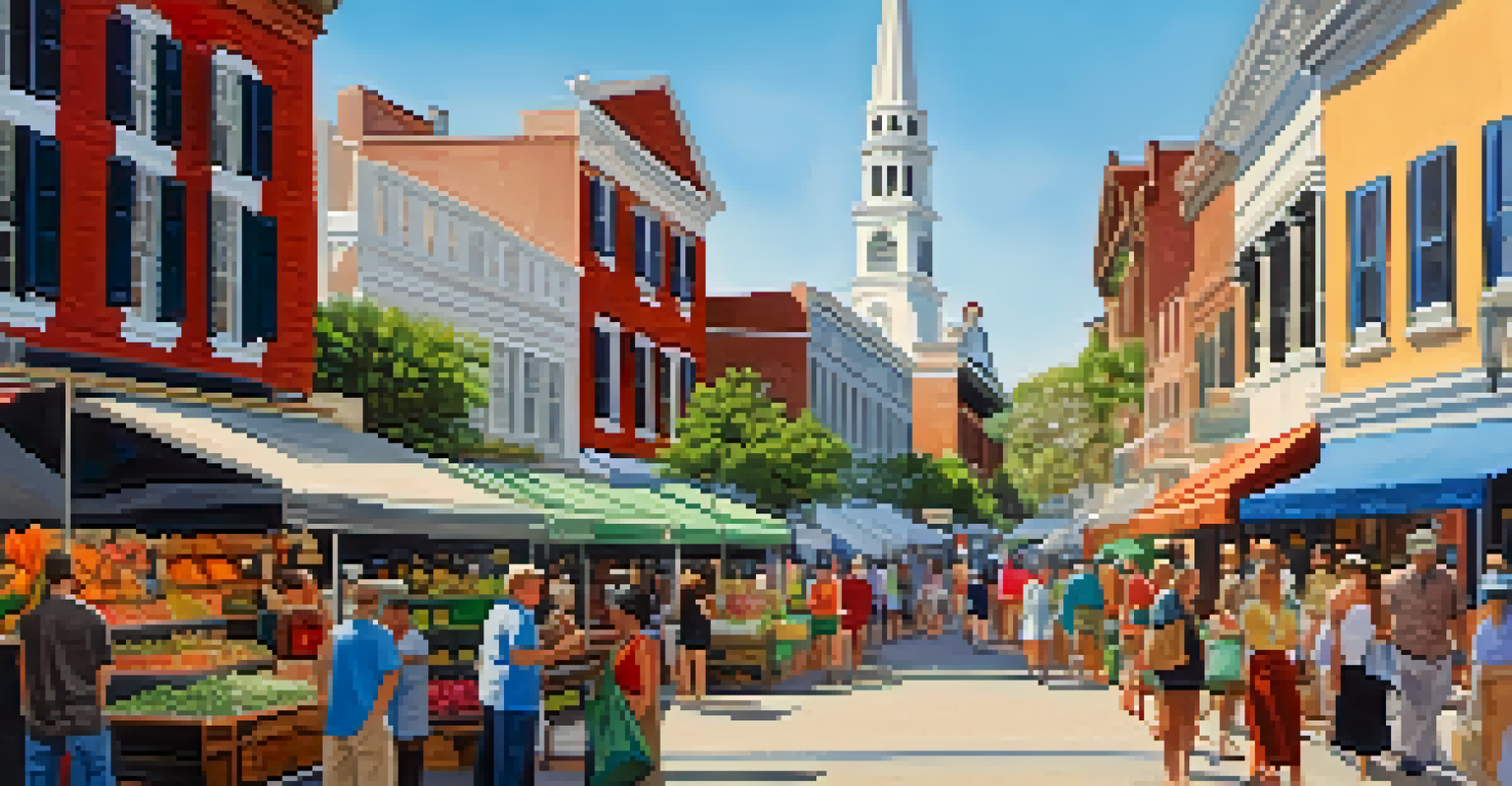 A bustling market in Charleston featuring local artisans and shoppers amidst historic buildings, displaying handmade crafts and artwork.