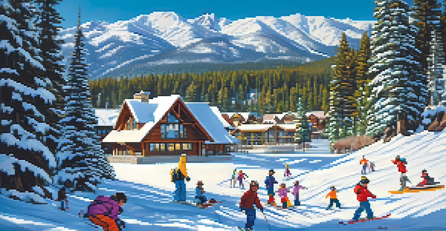 A cheerful winter scene at Lake Tahoe, with children skiing and snowboarding, the glistening lake in the background, and snow-covered mountains.