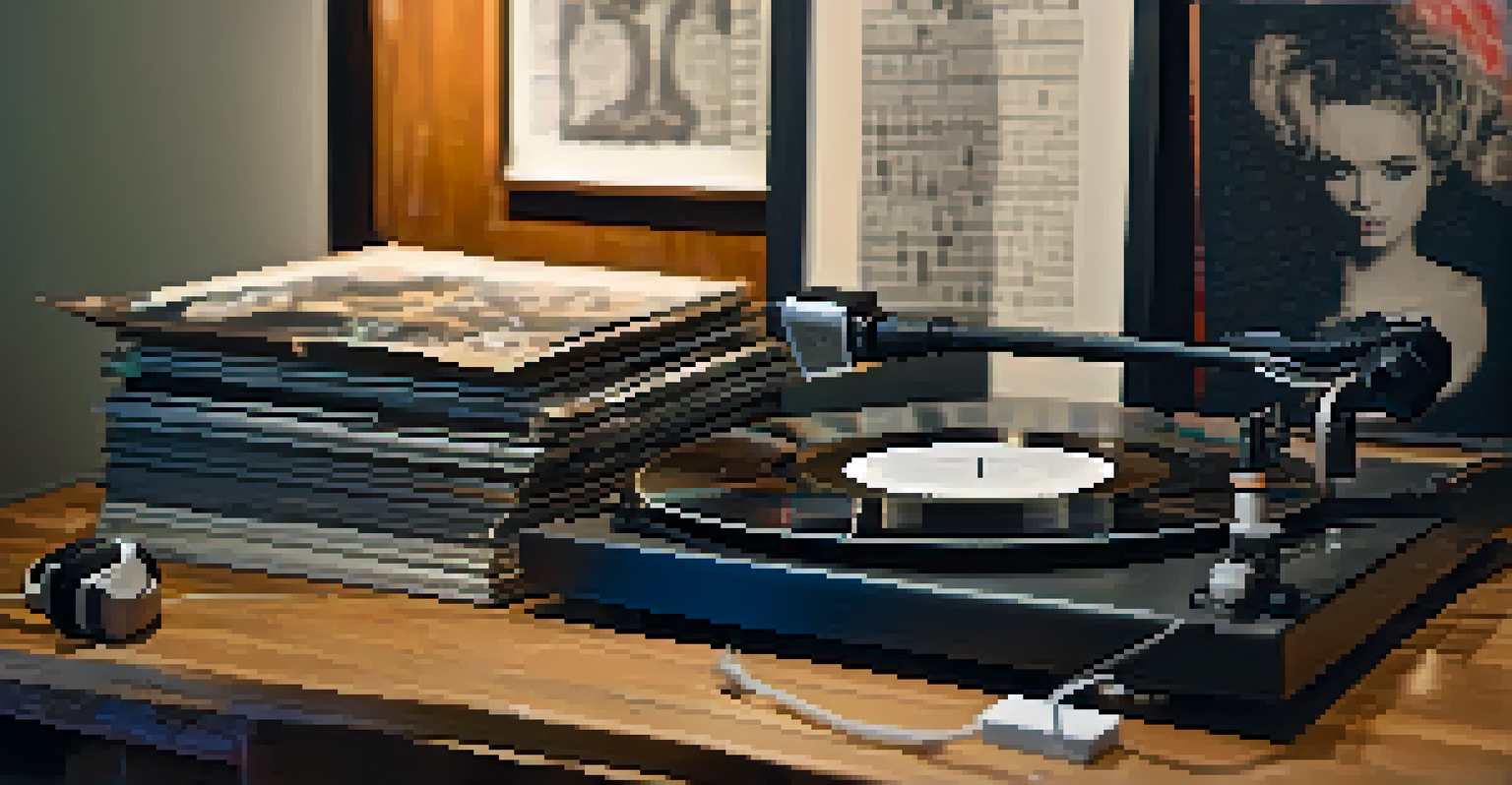 A close-up of a spinning vinyl record on a turntable, surrounded by local artist albums and music sheets.