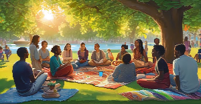 A lively storytelling event in a park with diverse participants and storytellers sharing narratives under dappled sunlight.