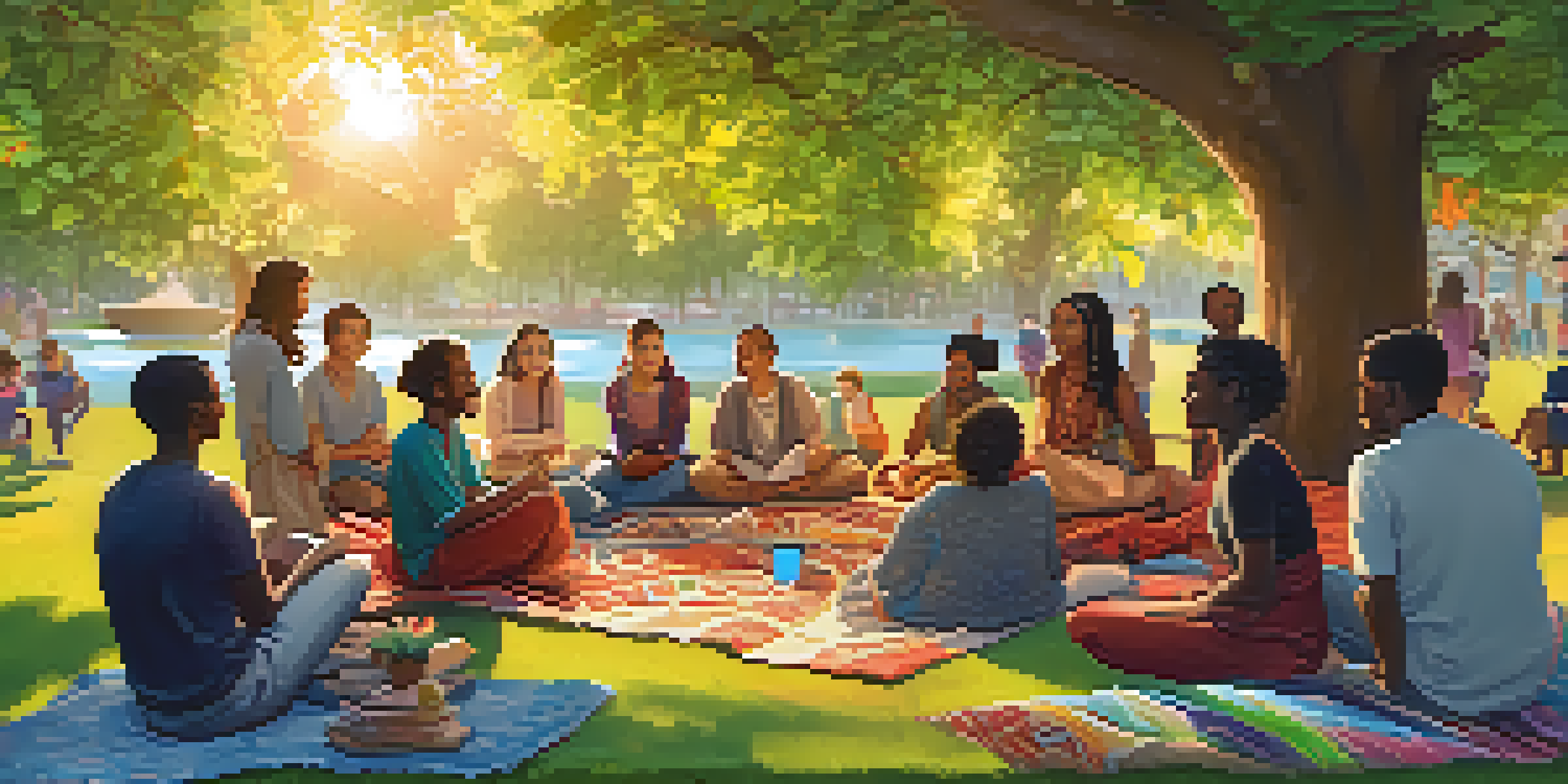 A lively storytelling event in a park with diverse participants and storytellers sharing narratives under dappled sunlight.