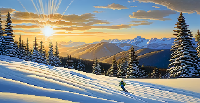 A skier gliding down a snow-covered slope with pine trees and sunset in the background.