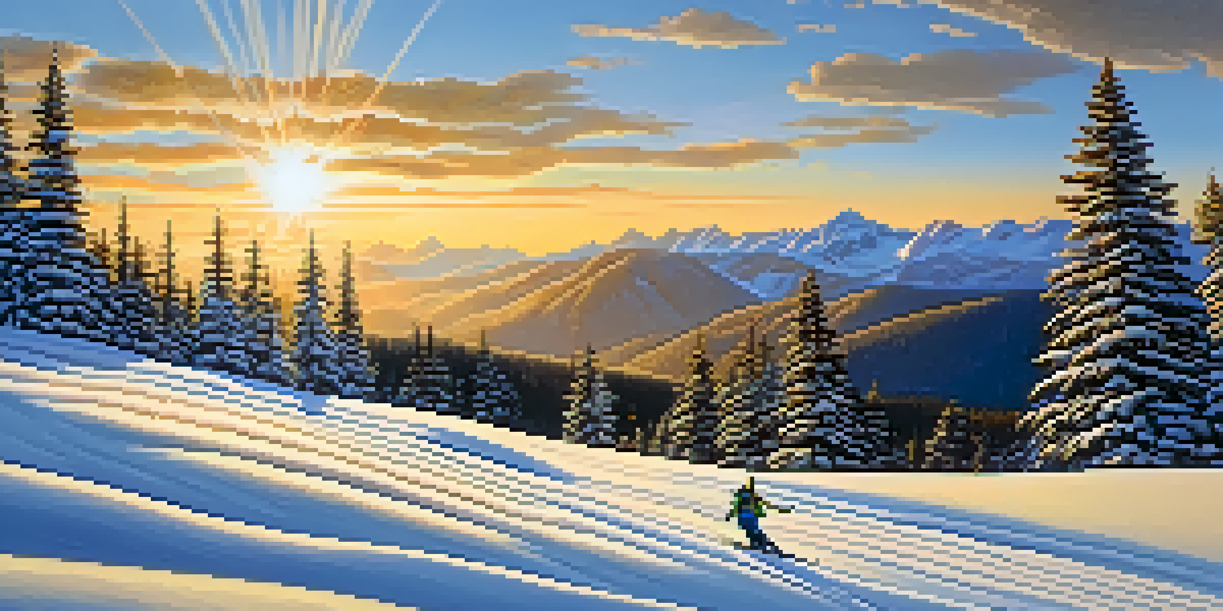 A skier gliding down a snow-covered slope with pine trees and sunset in the background.