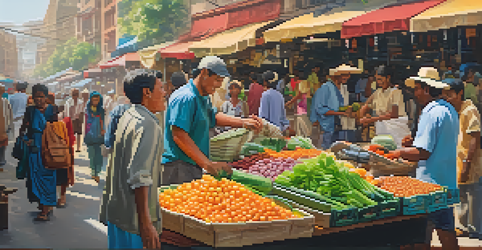 A solo traveler in a lively street market, interacting with vendors and surrounded by colorful stalls.