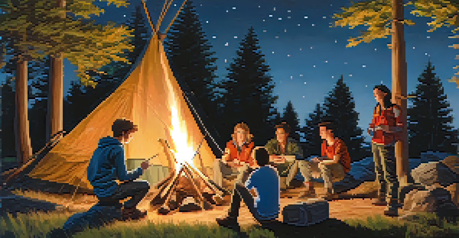 Teenagers camping and learning about the environment around a campfire under a starlit sky.