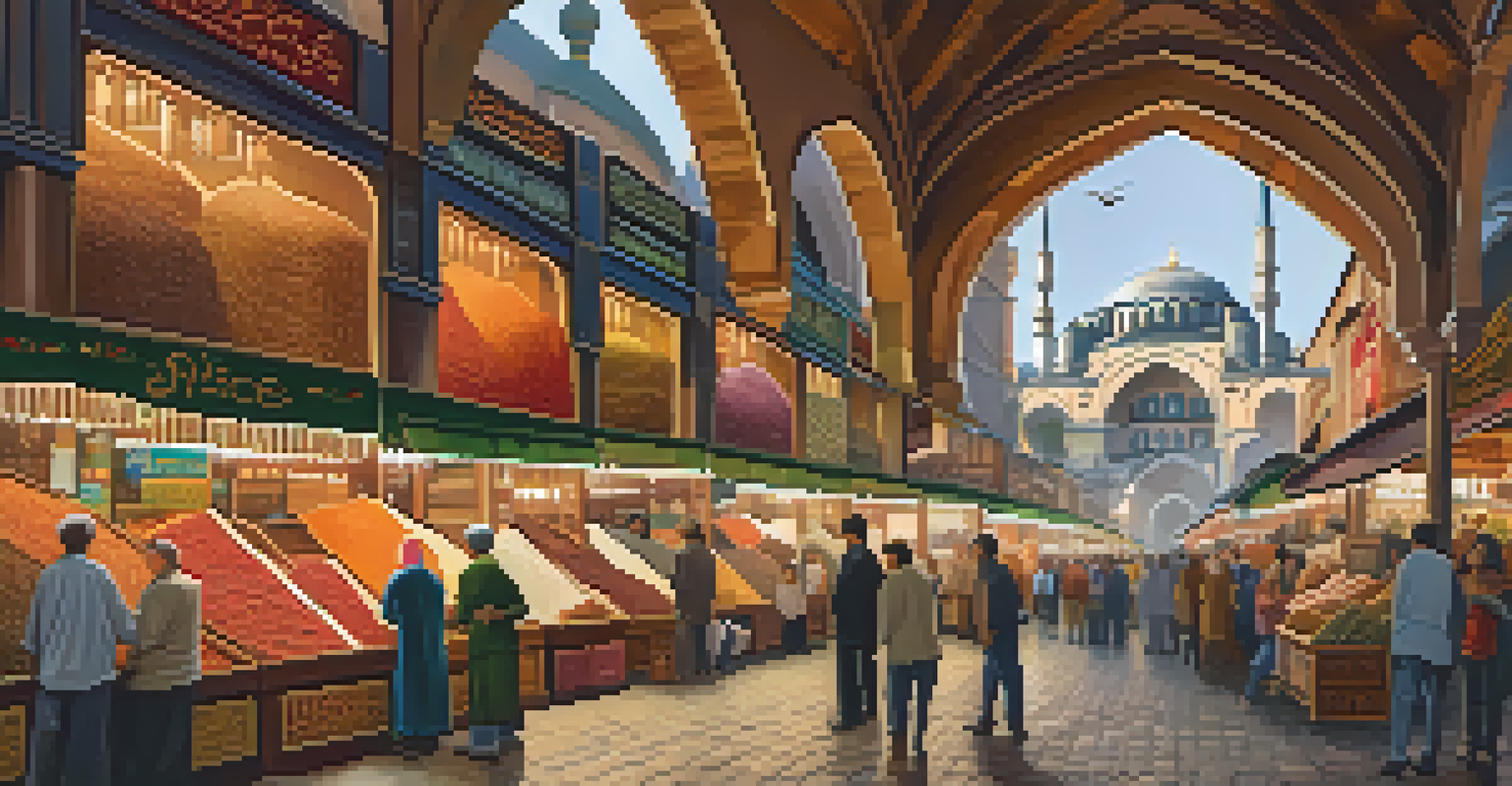 Vibrant scene inside the Spice Bazaar in Istanbul, filled with colorful stalls of spices and lively shoppers.