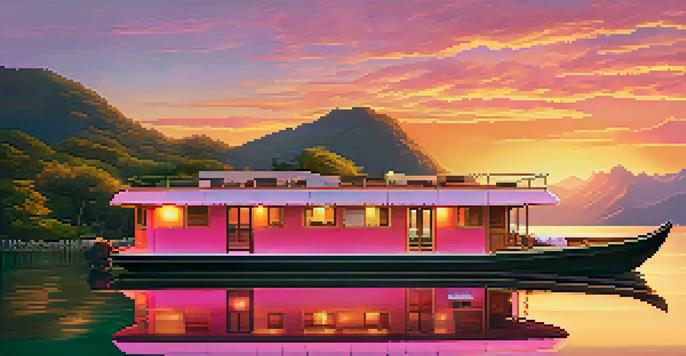 A luxurious houseboat anchored on calm waters at sunset, with colorful sky reflections and lush greenery around.