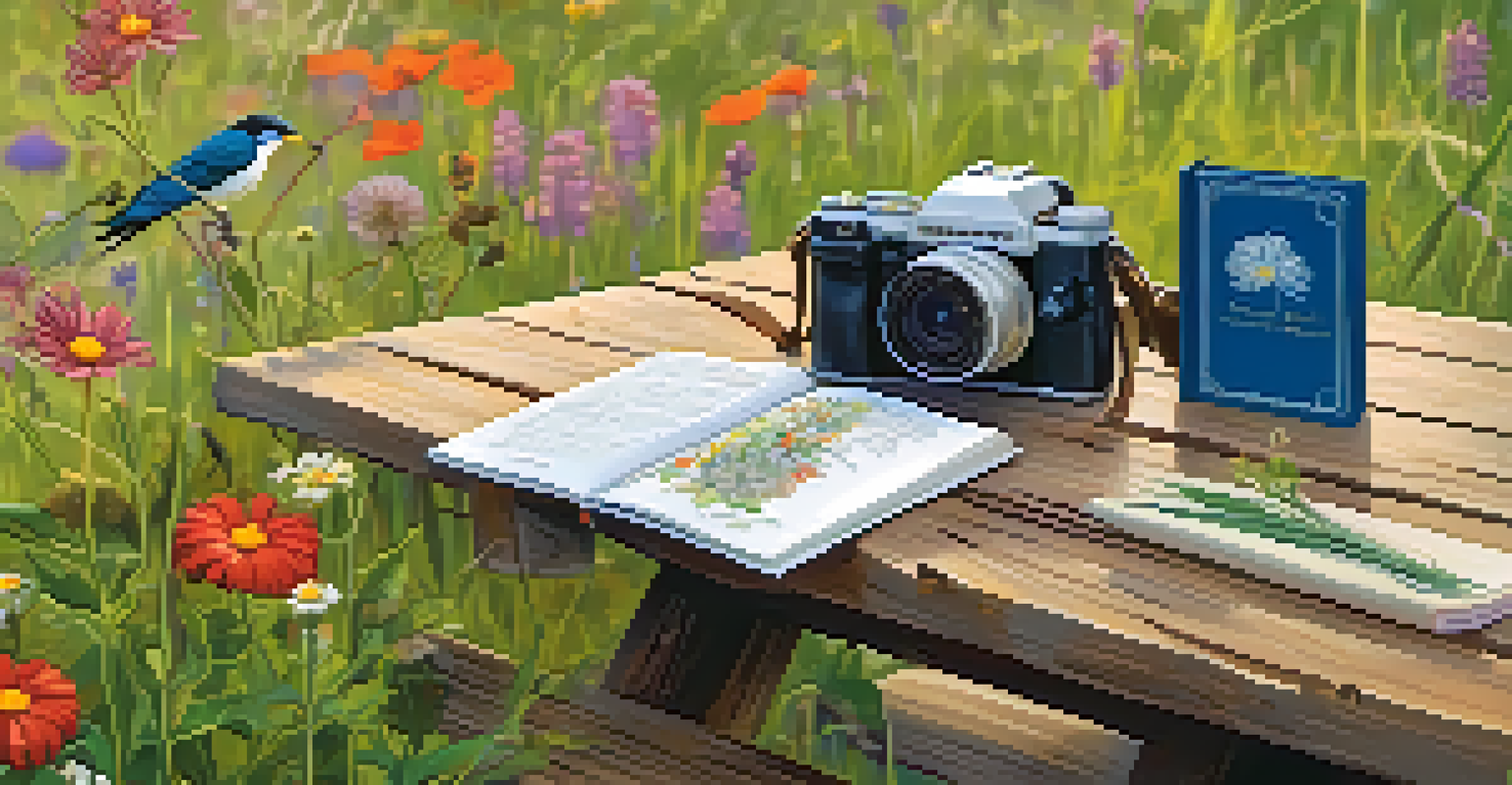 A field guide on a picnic table with colorful illustrations, surrounded by wildflowers and a camera.