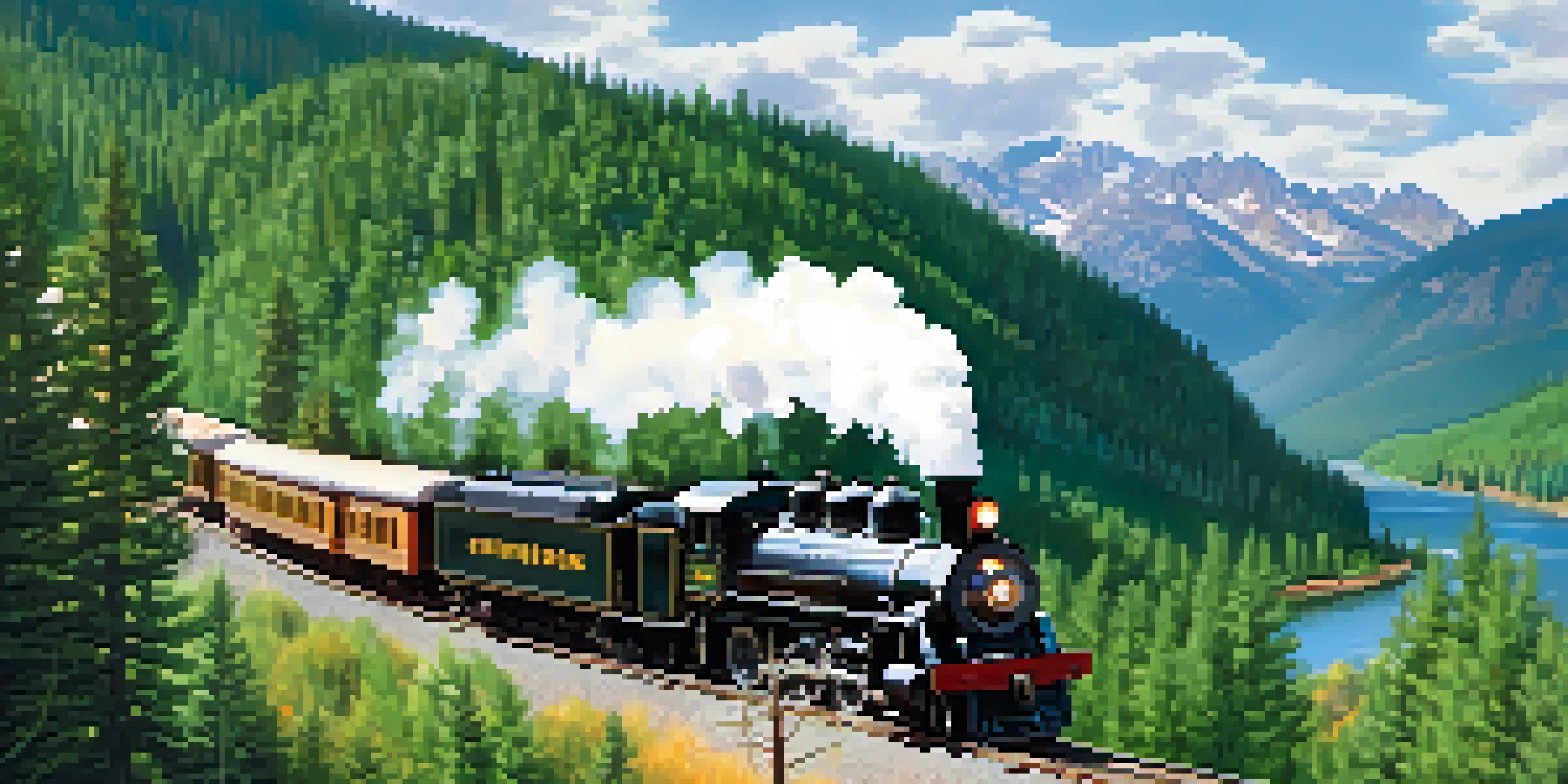 A vintage steam train traveling through a mountainous landscape with green forests and a river.