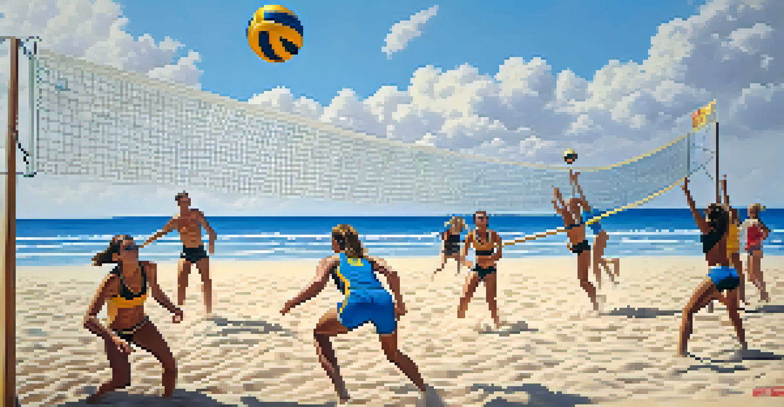 A group of people playing beach volleyball, diving in the sand with a clear sky and ocean in the background.