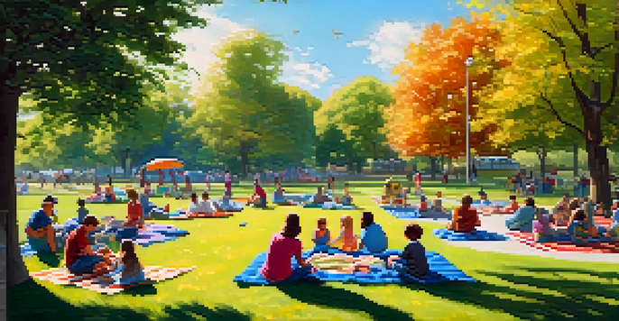 A lively outdoor park with families gathered for a reunion, featuring picnic blankets and children playing.