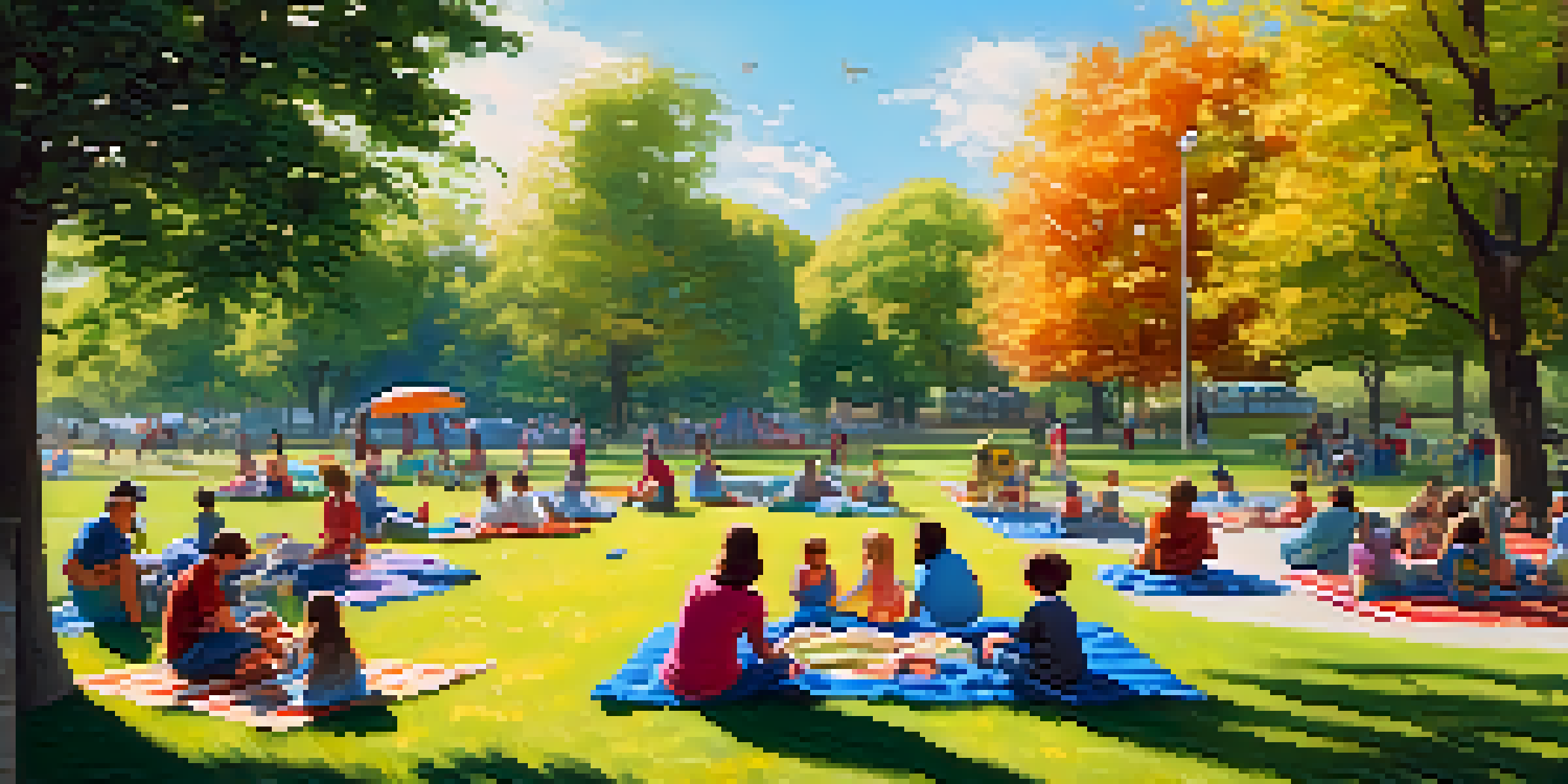 A lively outdoor park with families gathered for a reunion, featuring picnic blankets and children playing.