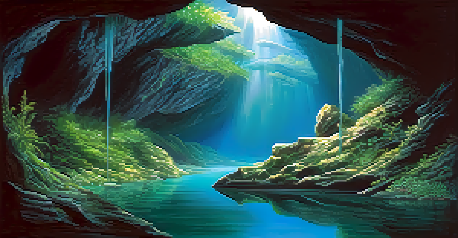 An underground river in a cave with glowing bioluminescent plants and unique rock formations, creating a magical atmosphere.