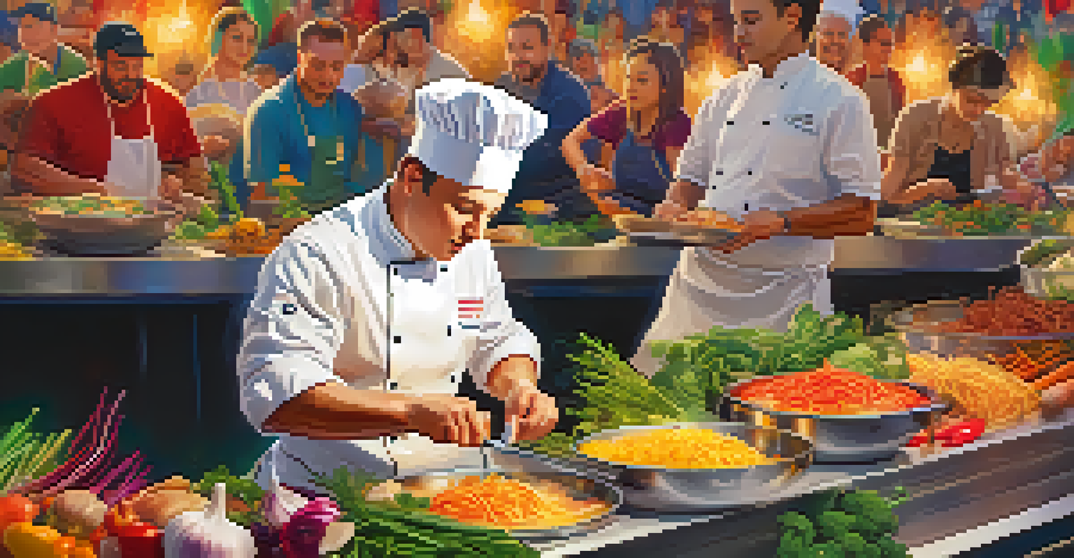 A chef preparing a fusion dish at a food festival with fresh ingredients and a lively atmosphere in the background.