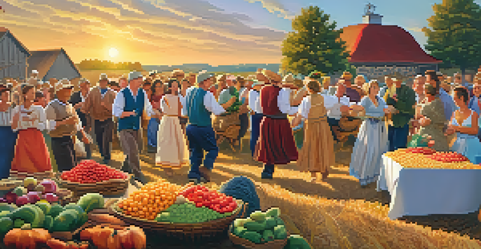 A lively harvest festival with people in traditional attire dancing around a table full of seasonal fruits and vegetables, set against a picturesque sunset.