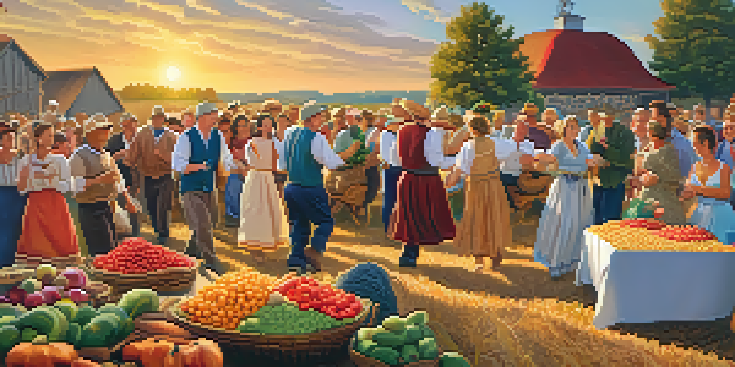 A lively harvest festival with people in traditional attire dancing around a table full of seasonal fruits and vegetables, set against a picturesque sunset.