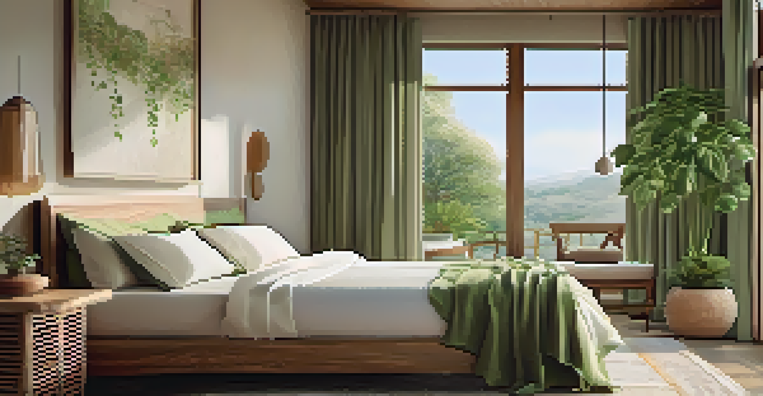 A warm hotel room with organic materials, large windows, and potted plants, creating a cozy and eco-friendly atmosphere.
