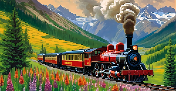 A vintage steam train in the San Juan Mountains, surrounded by lush valleys and rugged peaks, with wildflowers in the foreground.