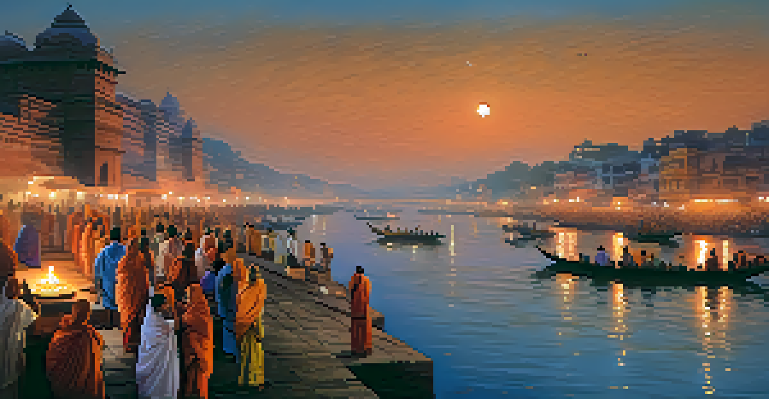 A vibrant evening scene of the Ganges River in Varanasi, showcasing pilgrims during the Ganga Aarti ceremony.