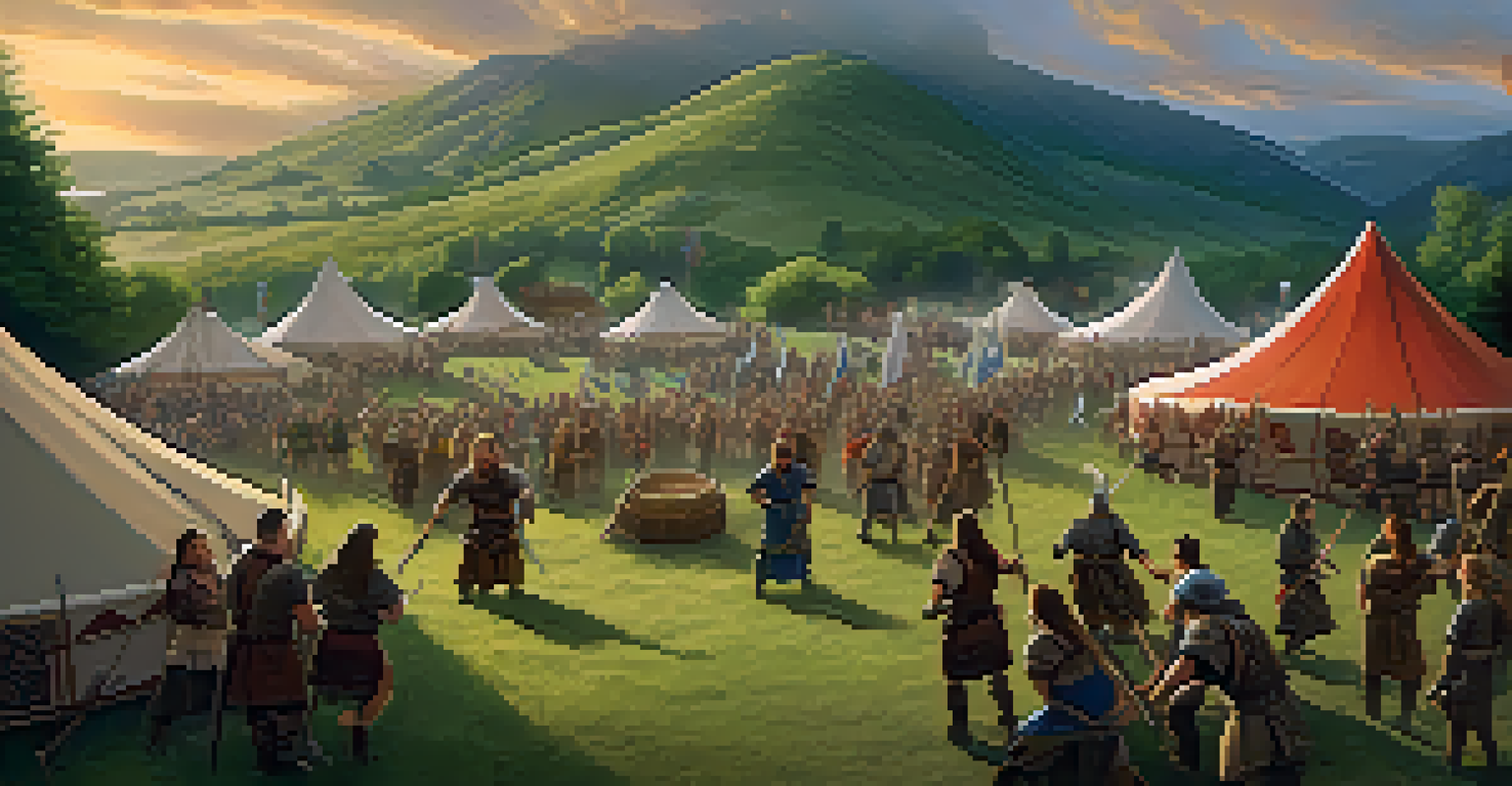 A Viking festival scene with visitors crafting shields and dancing, surrounded by authentic tents and a sunset backdrop.