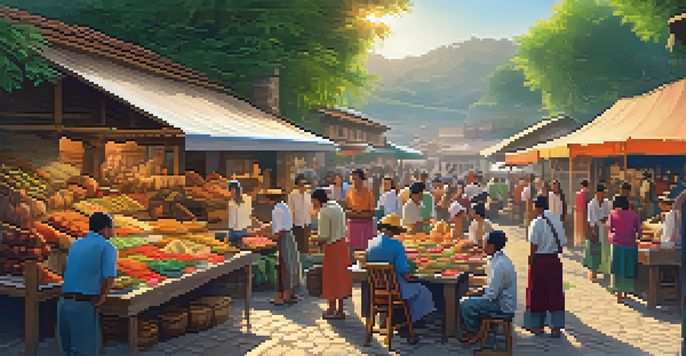 A lively village scene with locals sharing traditional crafts and foods with tourists, surrounded by colorful stalls and greenery.