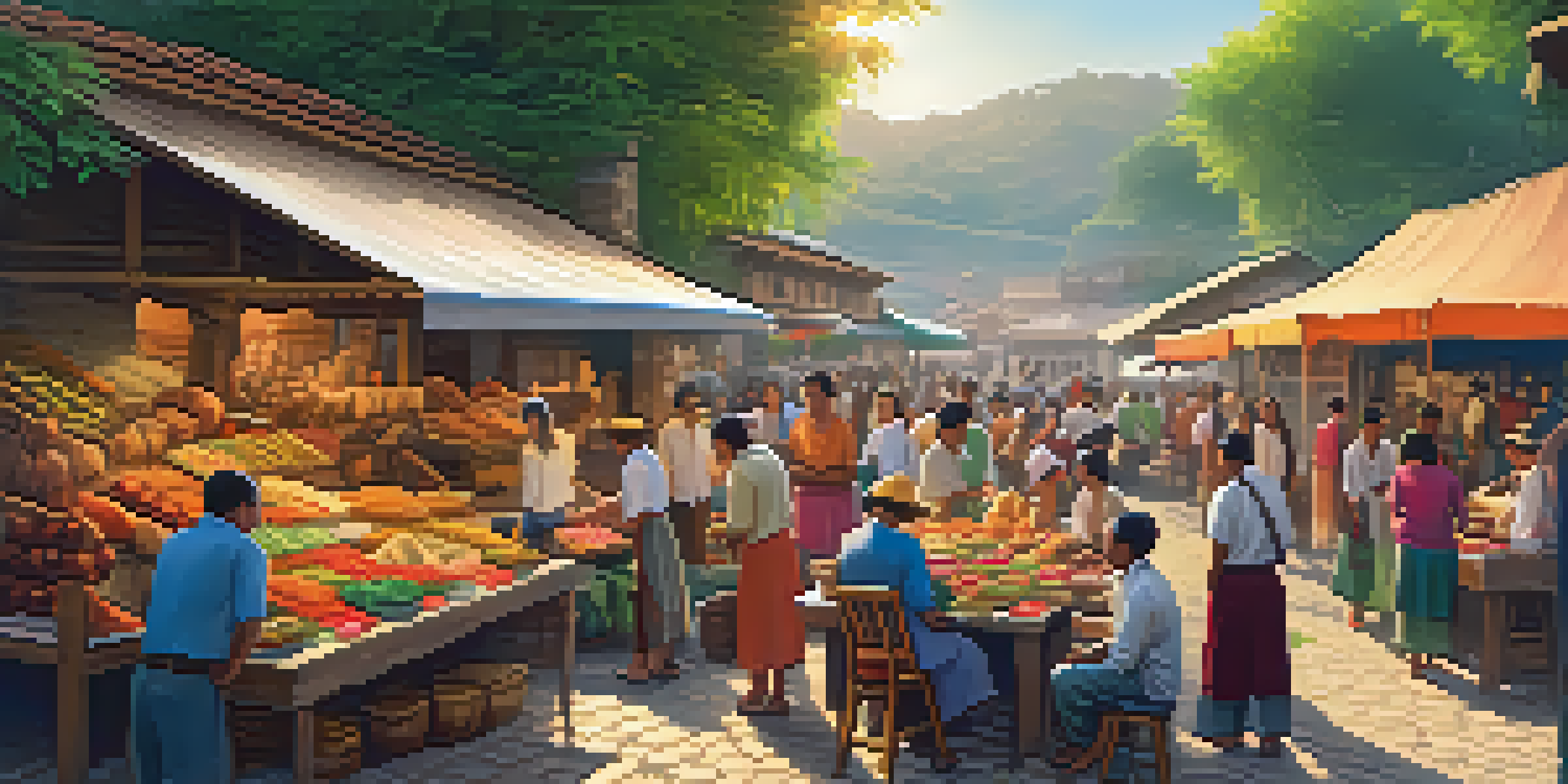 A lively village scene with locals sharing traditional crafts and foods with tourists, surrounded by colorful stalls and greenery.