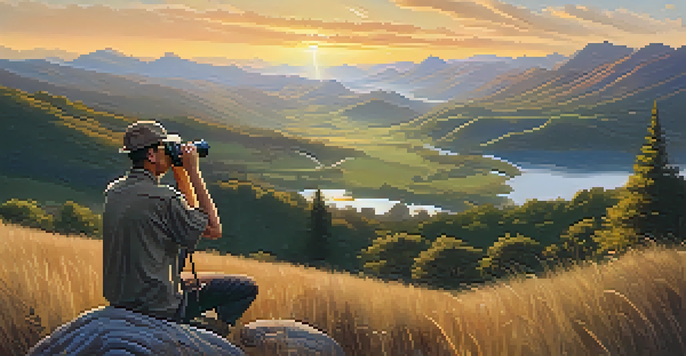 A wildlife watcher on a grassy hill, using binoculars to observe a lush valley under a golden sunset.