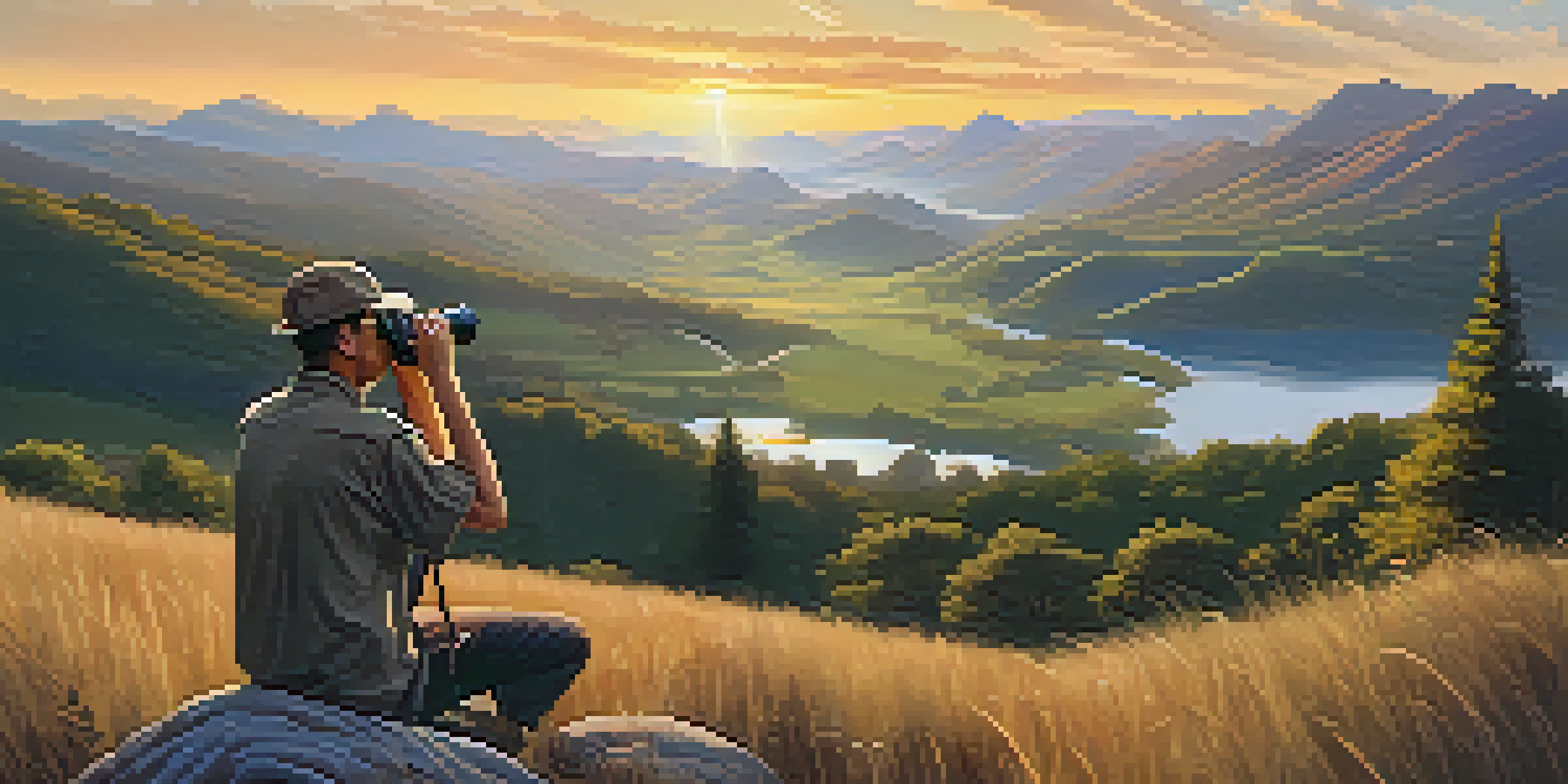 A wildlife watcher on a grassy hill, using binoculars to observe a lush valley under a golden sunset.