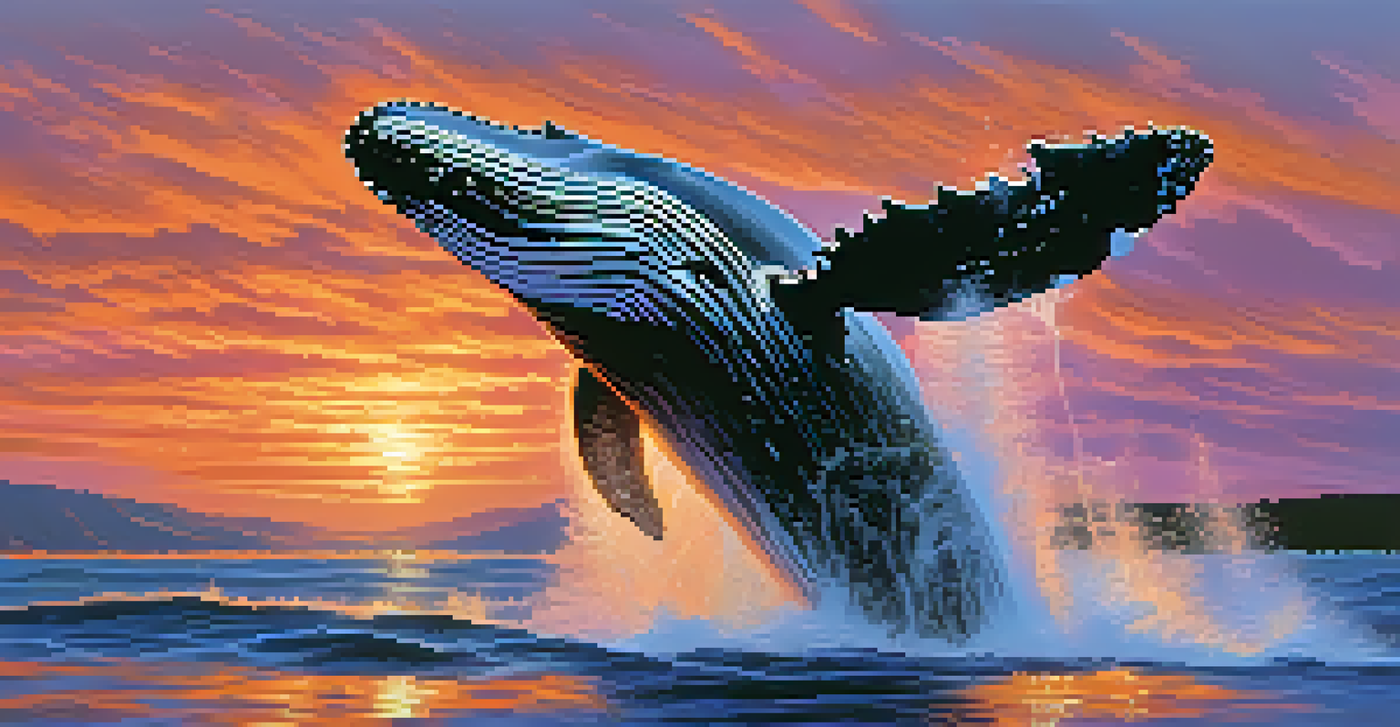 A humpback whale breaching at sunset, with vibrant colors in the sky and water reflecting the light.