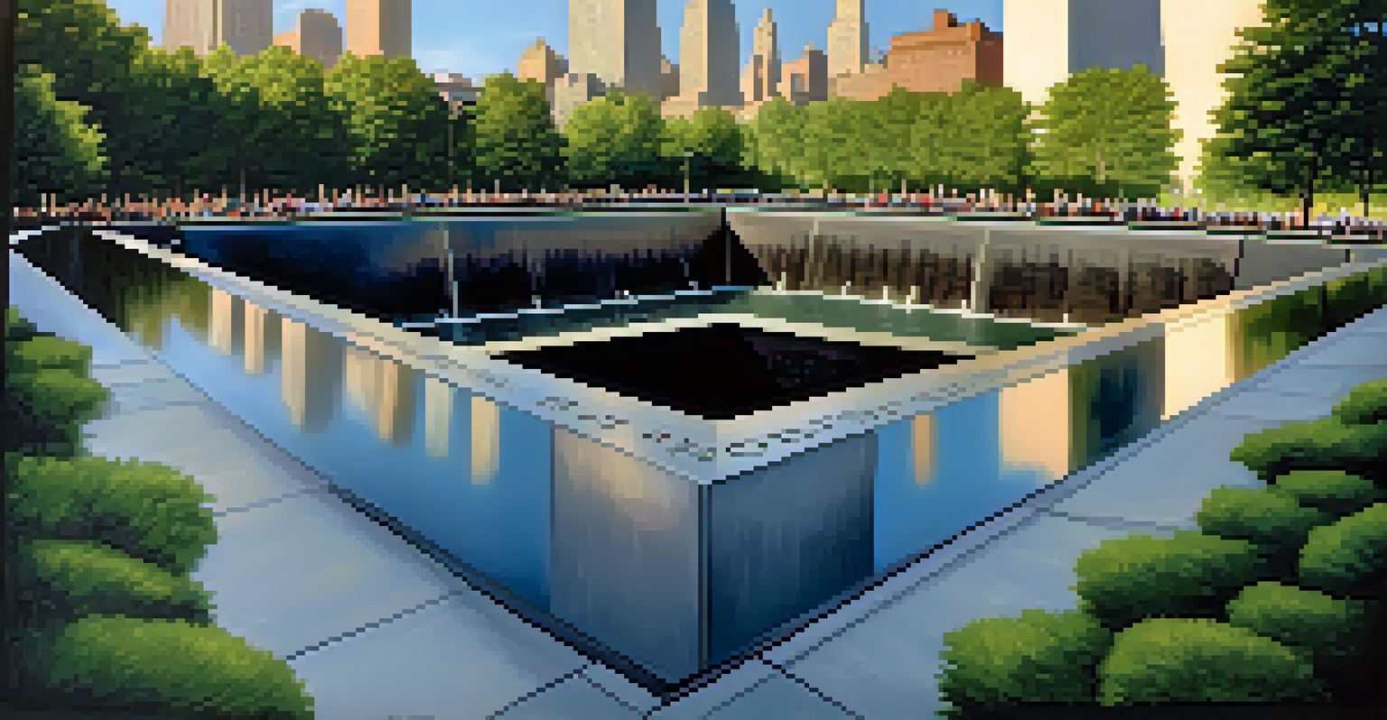 The 9/11 Memorial with twin reflecting pools and people visiting, surrounded by trees in soft morning light.