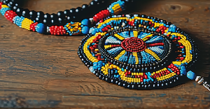 A detailed view of a Native American beaded necklace with vibrant colors resting on a wooden surface, illuminated by soft natural light.
