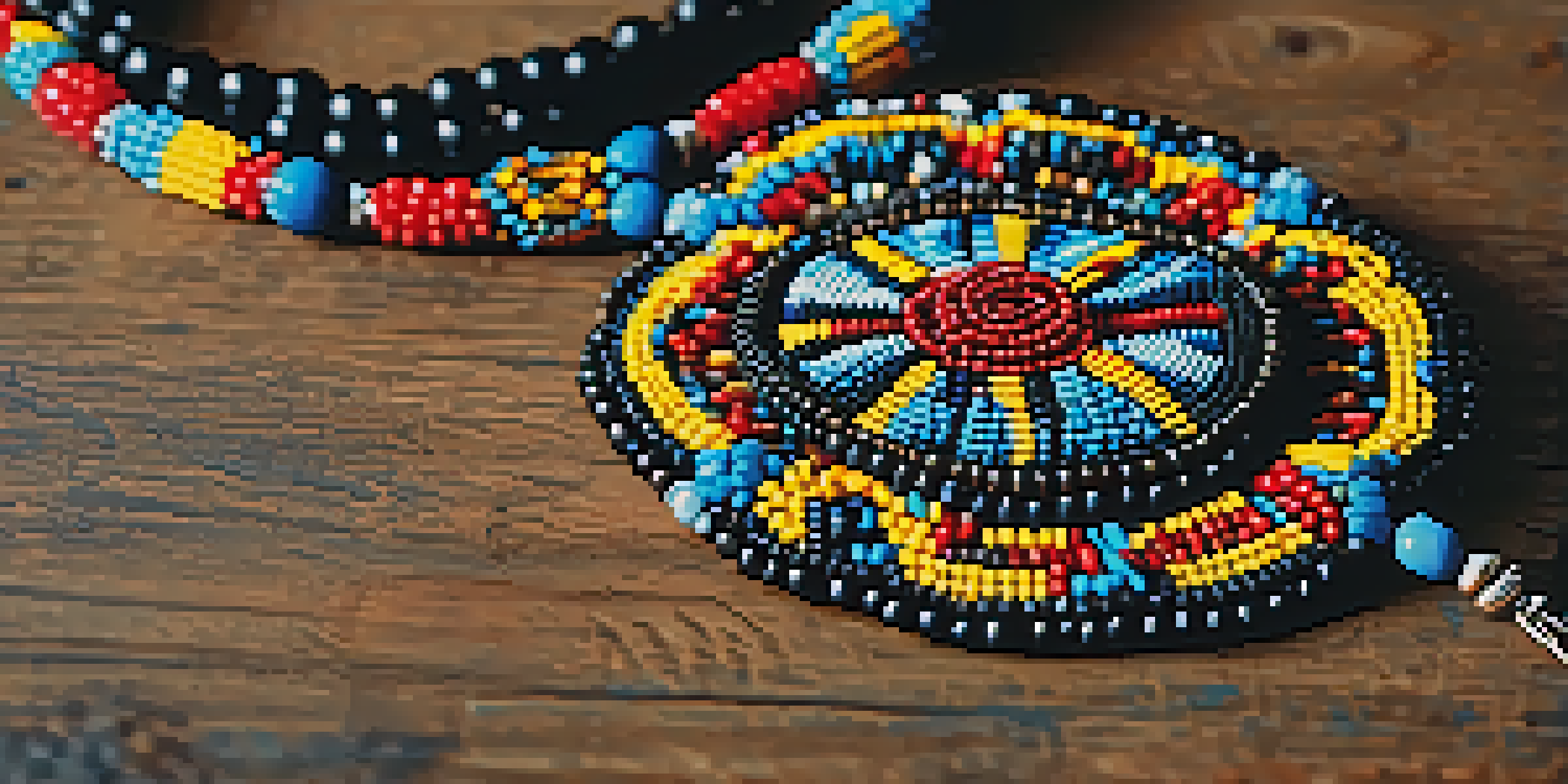 A detailed view of a Native American beaded necklace with vibrant colors resting on a wooden surface, illuminated by soft natural light.