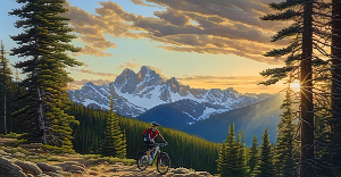 A mountain biker rides on a rugged trail in the Rocky Mountains, surrounded by pine trees and snow-capped peaks, with a warm sunset light.