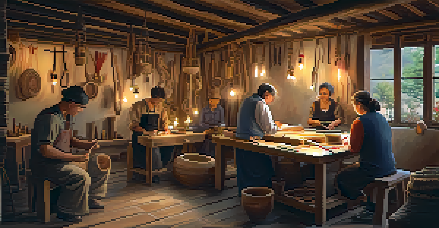 A local artisan teaching traditional crafting techniques to tourists inside a cozy workshop filled with handmade crafts.