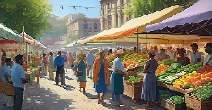A lively artisan food market with colorful stalls, fresh produce, and vendors interacting with happy customers under warm sunlight.