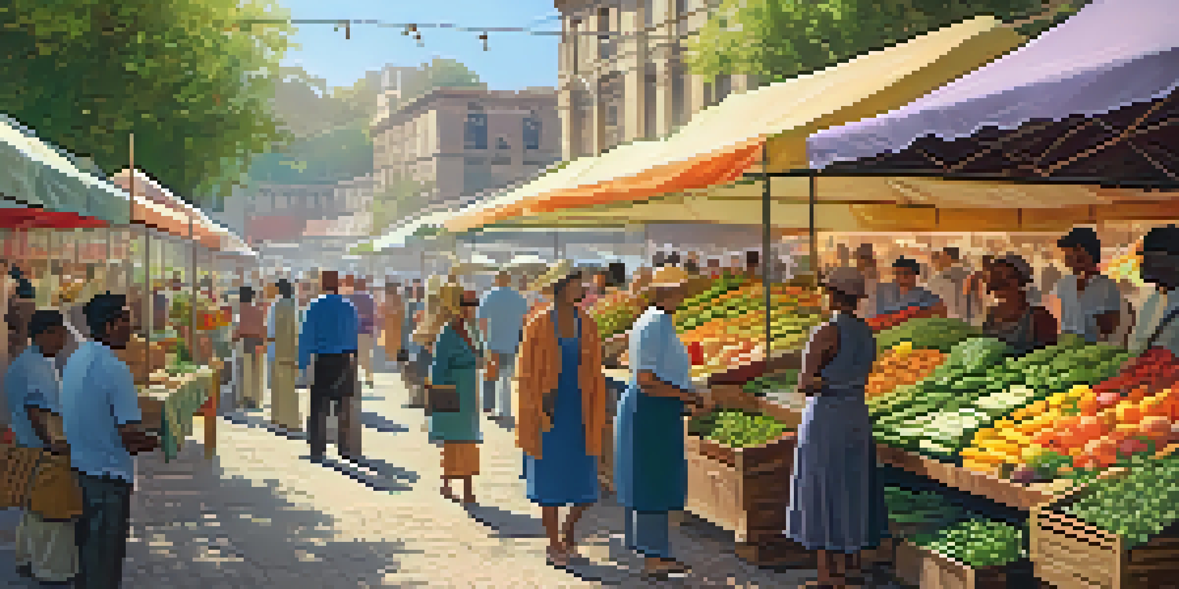 A lively artisan food market with colorful stalls, fresh produce, and vendors interacting with happy customers under warm sunlight.