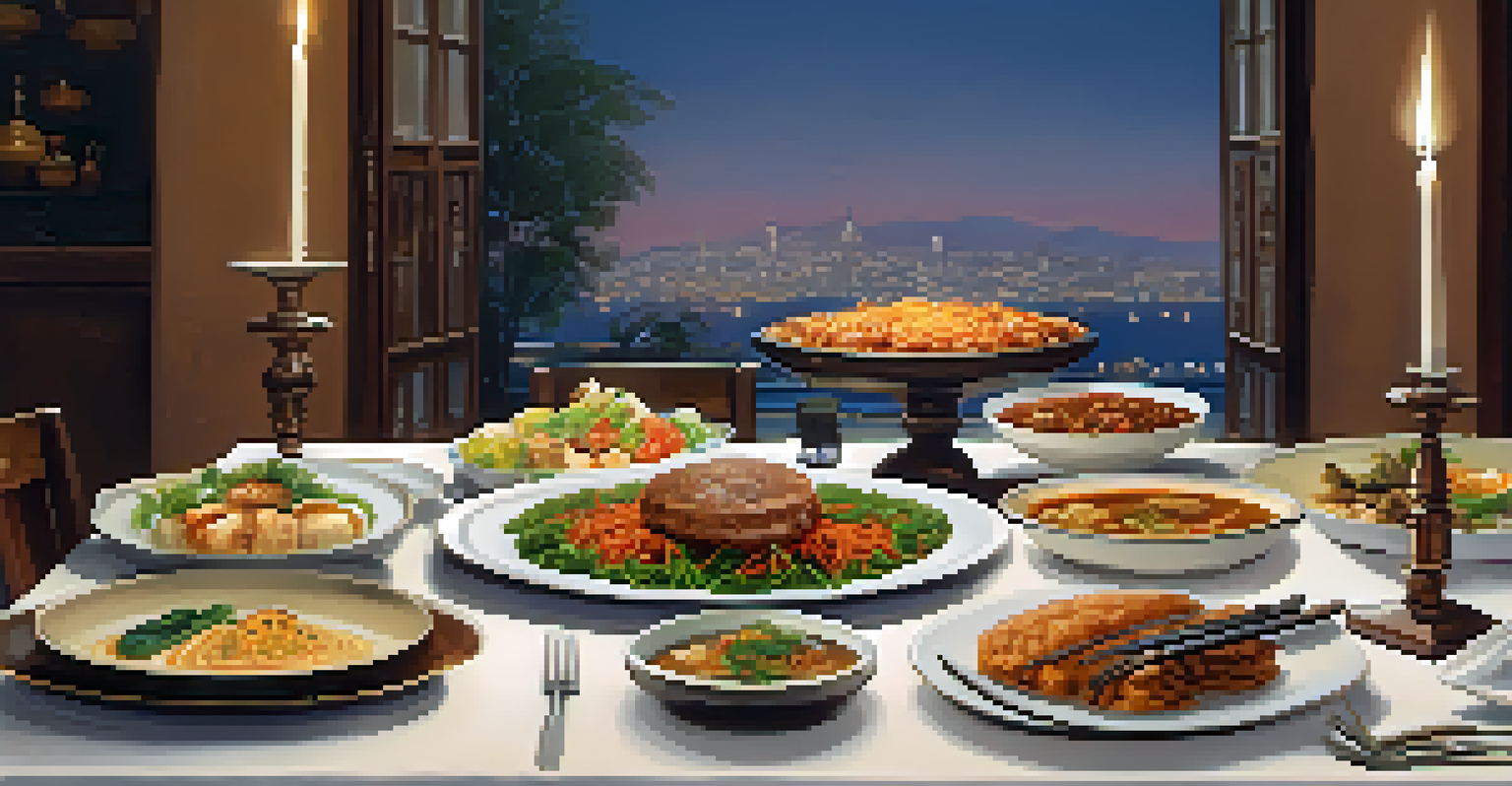 An elegantly set dining table featuring a variety of international dishes and cultural dining practices.