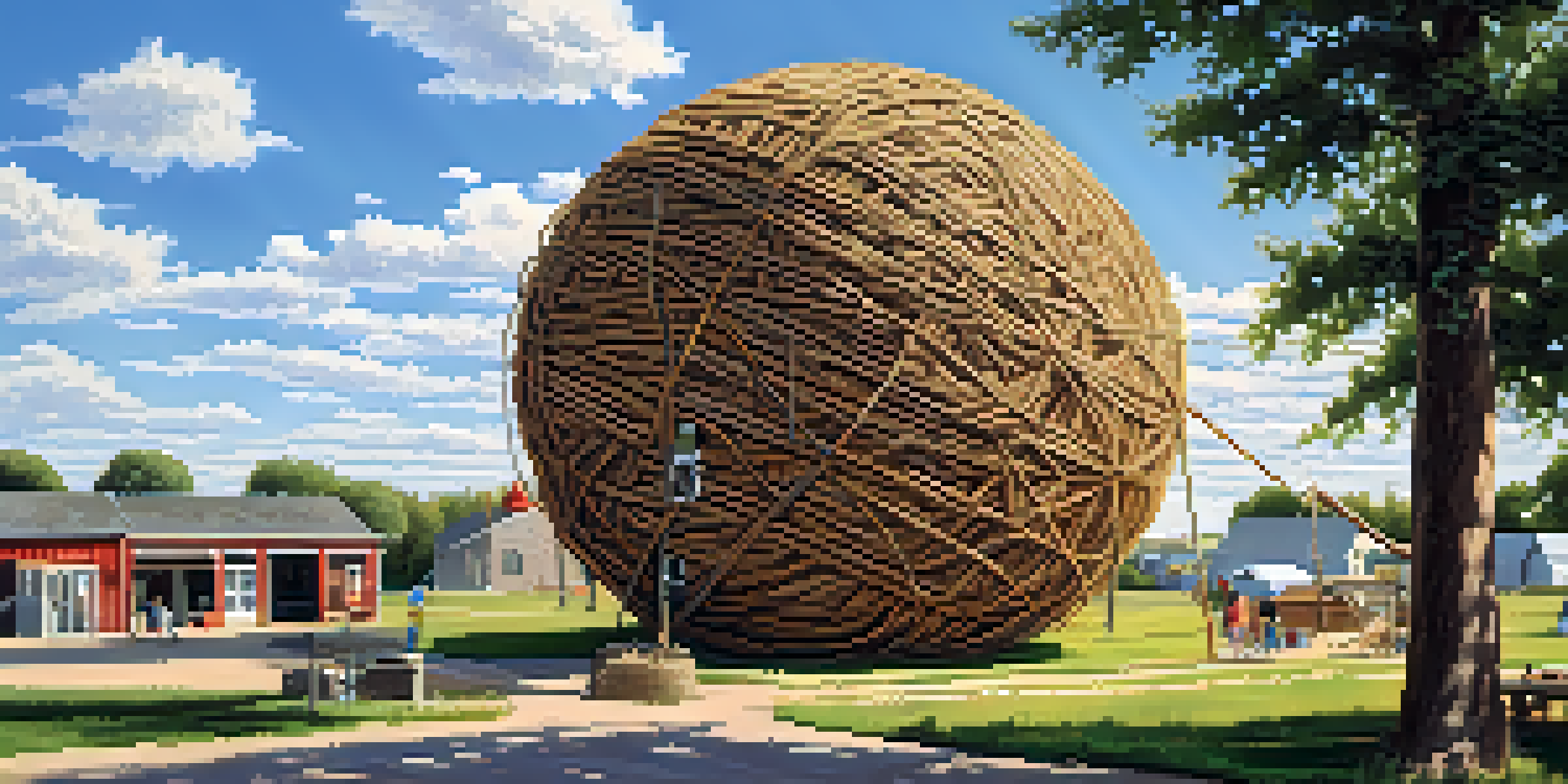 A large ball made of twine surrounded by people in a small town setting, with blue skies and grass in the foreground.