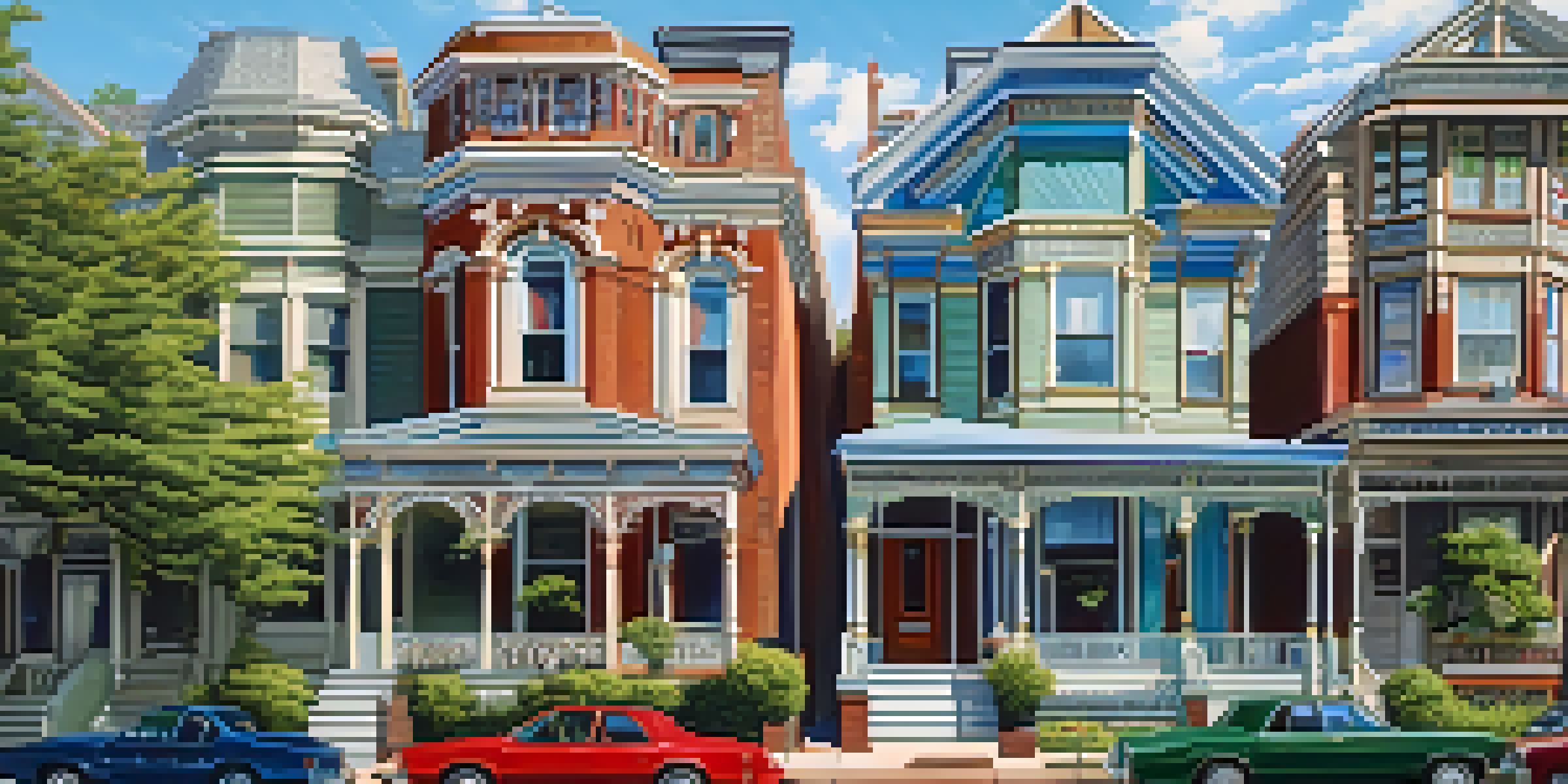 A scenic view of a historic neighborhood with Victorian houses, vibrant colors, and lush greenery under a blue sky.