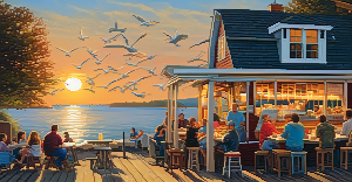 A seafood shack by the ocean with a family dining outside, enjoying lobster rolls and fried clams during sunset.